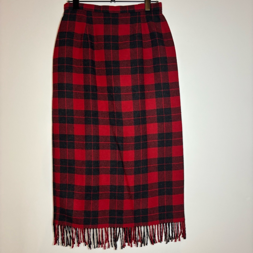 VTG Wool Blend Pencil Skirt Fringe Red & Black Plaid Briggs New York Woman Sz 12